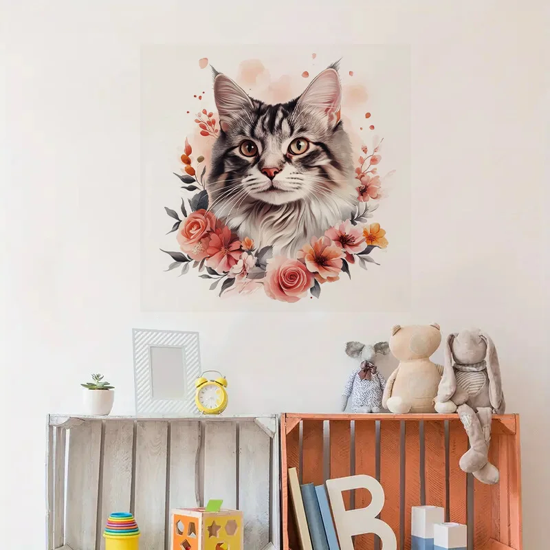 Floral Kitten Wall Decal Reusable Sticker for Living Room Aesthetic Room Decoration Easy to Beautify Your Home