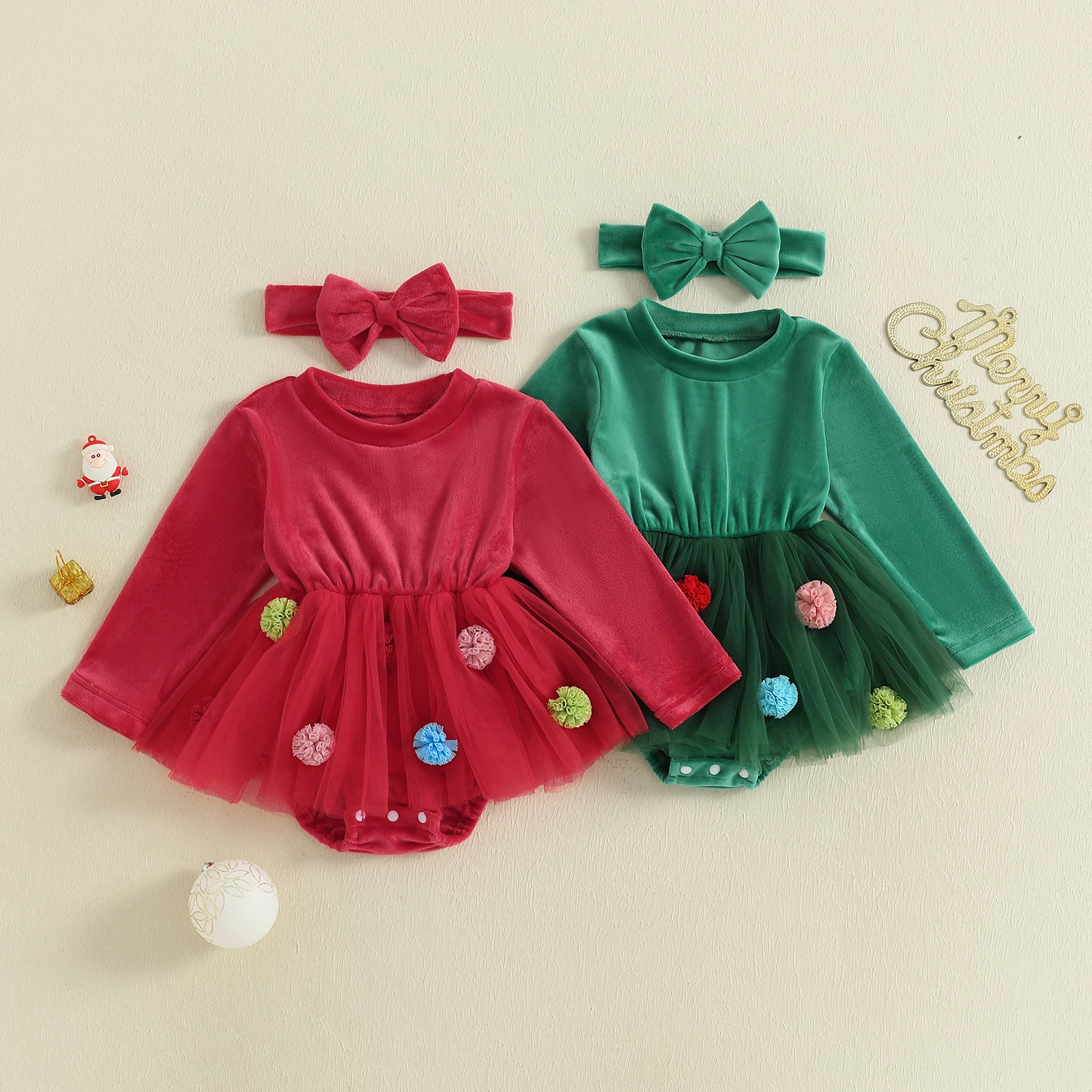 

SUNSIOM Baby Girl Romper Dress Christmas Outfit 3D Hydrangea Mesh Long Sleeve Bodysuits and Bow Headband 2 Pcs Set