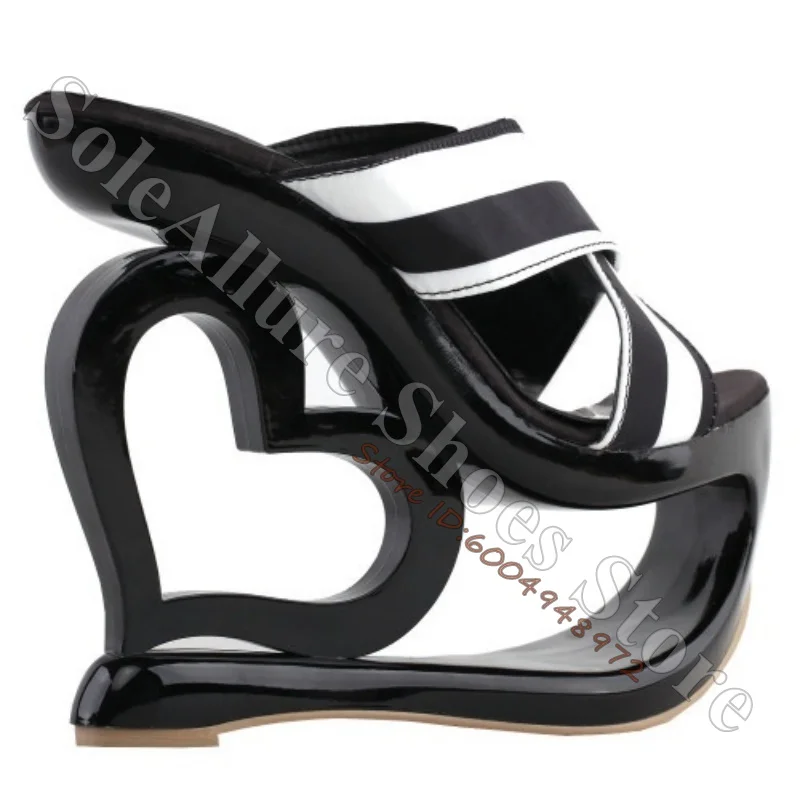 Stretch Febric Cross Strap Slide Sandals Women Hollow Heart Heel Patent Leather Avant Garde Slip On Open Toe Y2K Sandals view 2