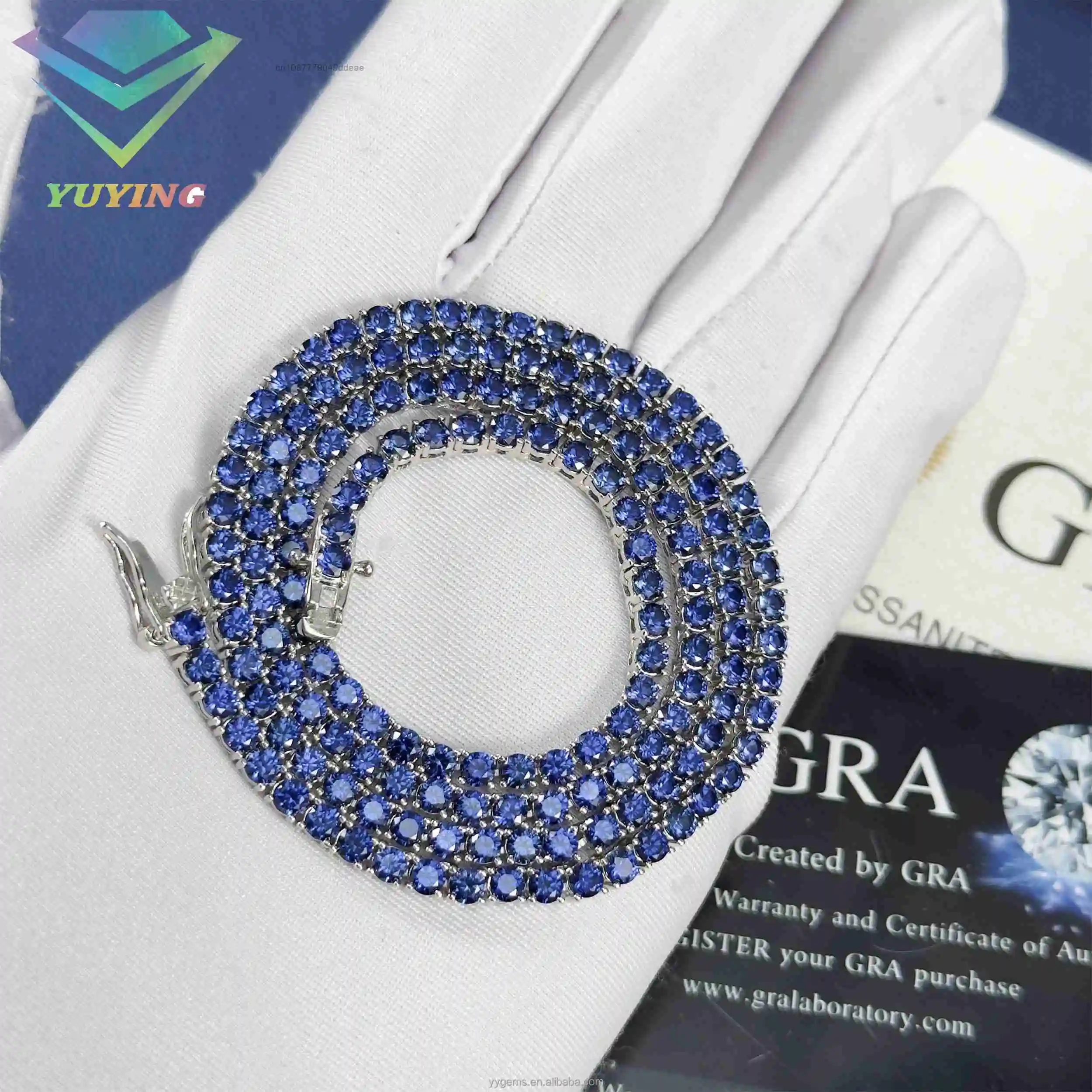

S925 necklace Moissanite Yu Ying Blue Diamond Tennis Chain Fine Jewelry 3mm Wide S925 Silver Blue Corundum Women/mans Necklac