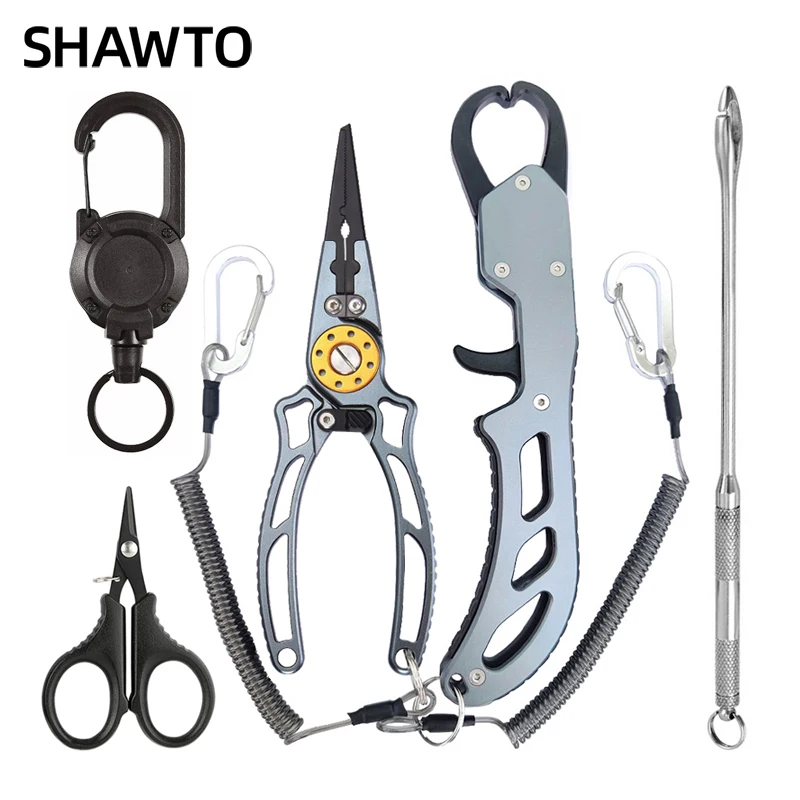 Shawto 20cm Aluminum Fishing Pliers Saltwater Fishing Multitool Hook Remover Line Cutting Split Ring Fishing Gear Tools Set