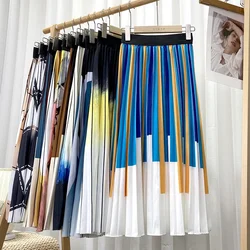 Spring Autumn Gradient Drape Pleated Long Skirt Korean Swing Plaid Color Block A-line Thick Long Skirts