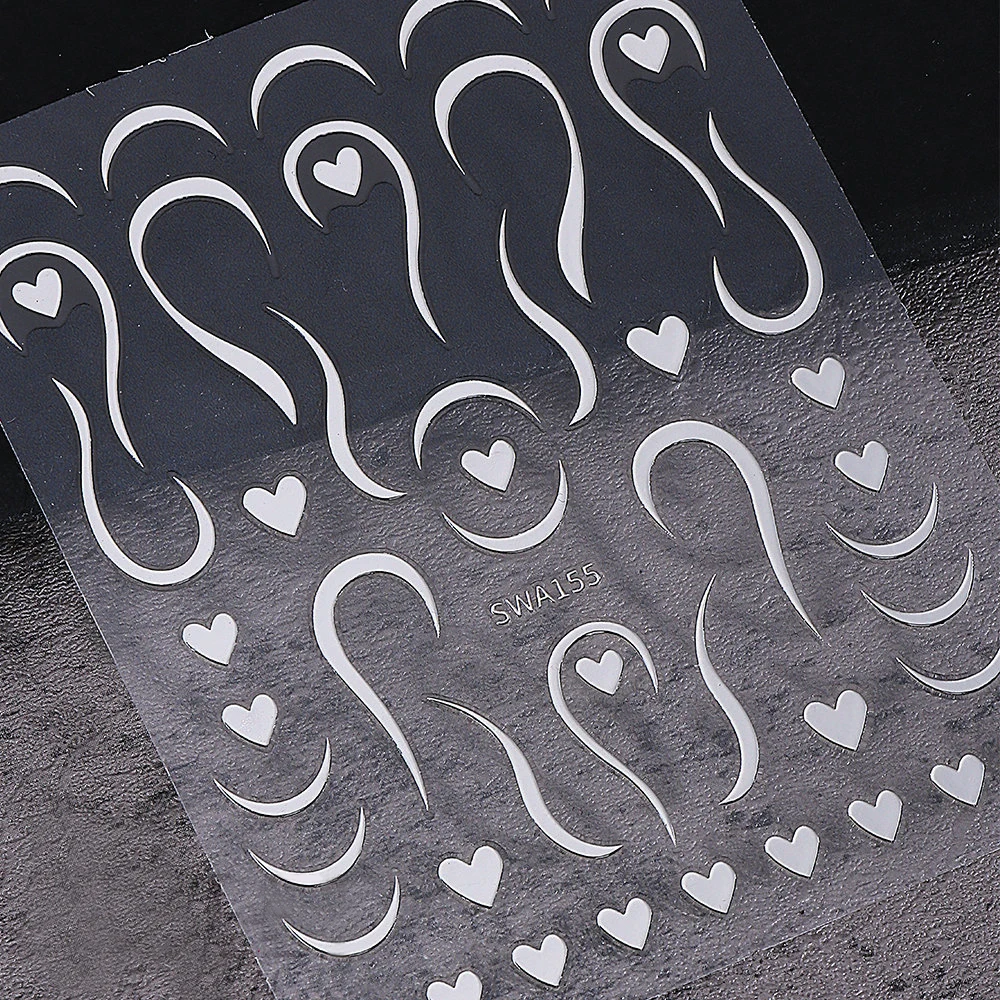 1개 3D 금색 은색 프렌치 라인 곡선 메탈릭 네일 스티커 하트 모양 접착 슬라이더 데칼 발렌타인 데이 매니큐어 장식