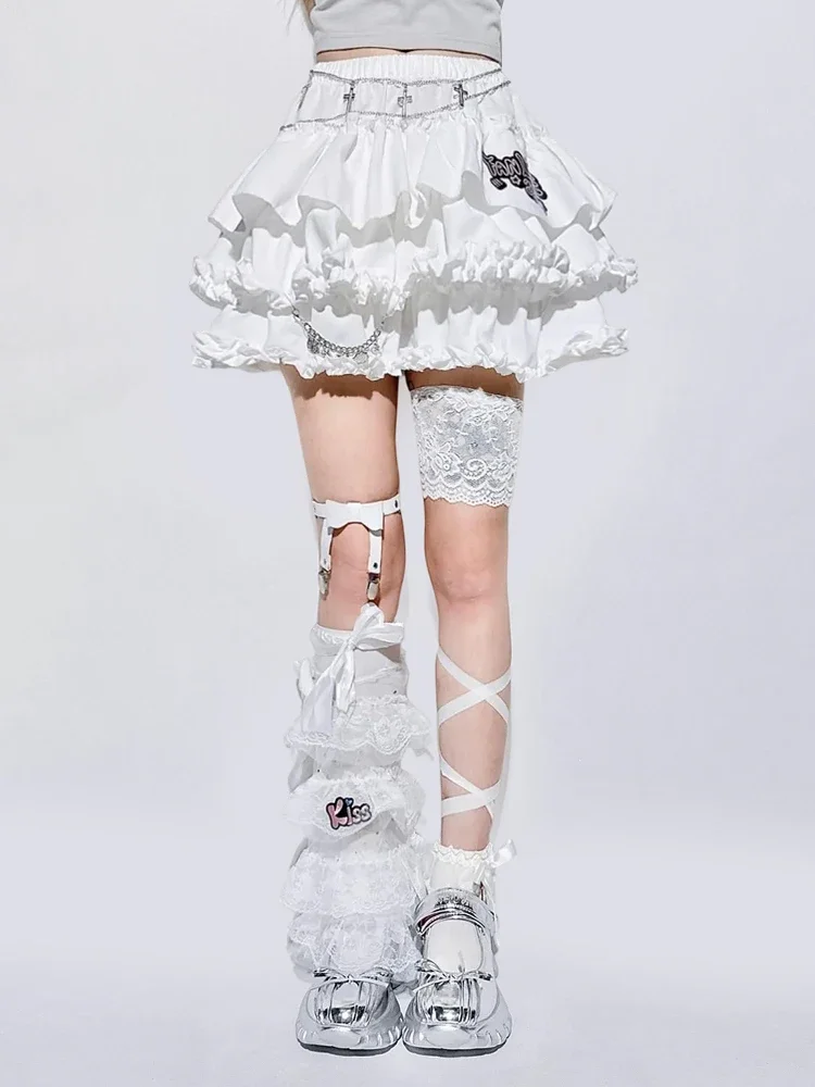 IMU Original Punk Rock Mini Skirt Women American Ball Gown Elastic Waist Pleated A-line Cute Sweet Mini Pud Skirts White