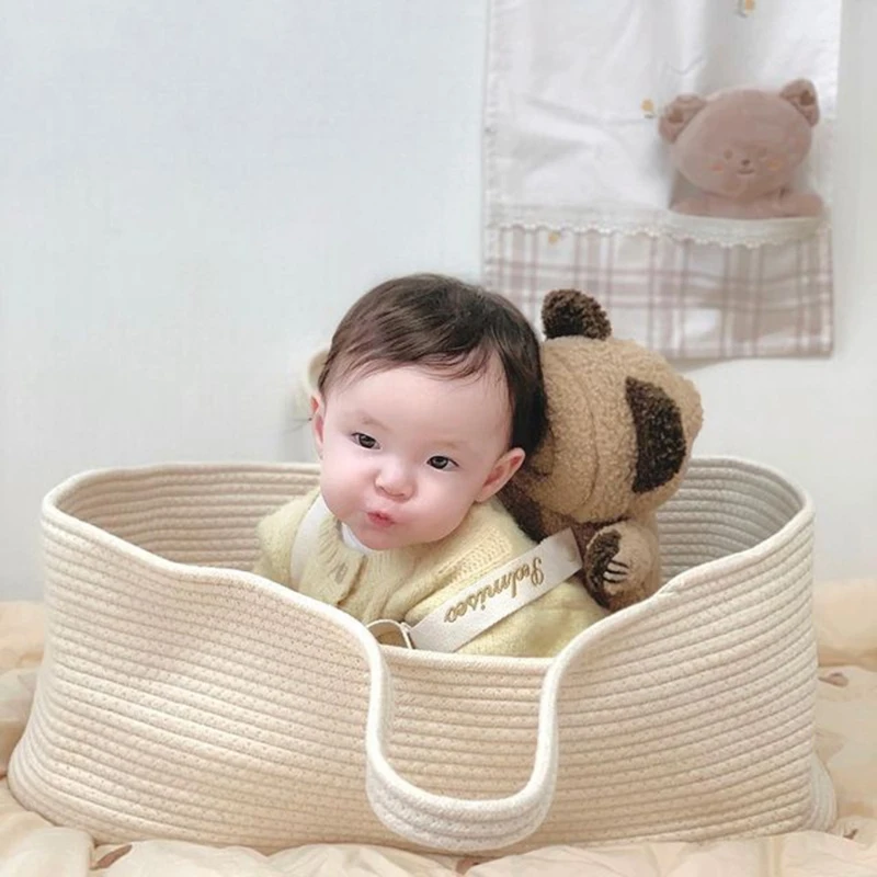 F62D Portable Baby Moses Basket for Carrier Cotton Rope Woven Crib Newborn Sleeping Bed  Bassinet Nursery Decor