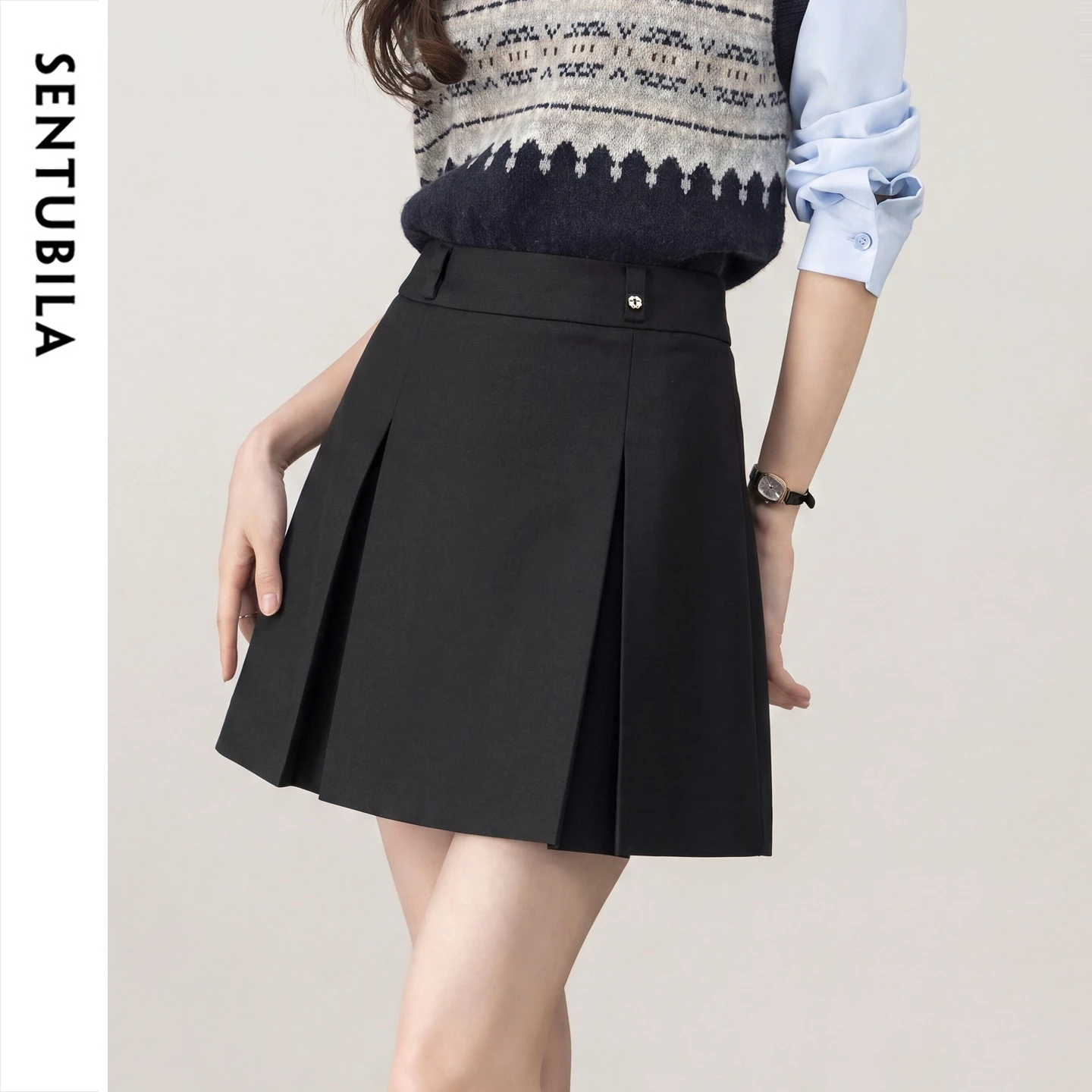 SENTUBILA Women A-line Skirt 2026 Autumn Mid Waist Box Pleats Mini Skirt Petite Hip Cover Slim Daily Office Wear Skirt 163QA7766