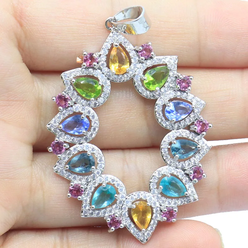 Buy 6 Get 1 Free 54x34mm Stunning Blood Rubies Aquamarine Emerald Blue Topaz Morganite Amethyst Women Party CZ Silver Pendant