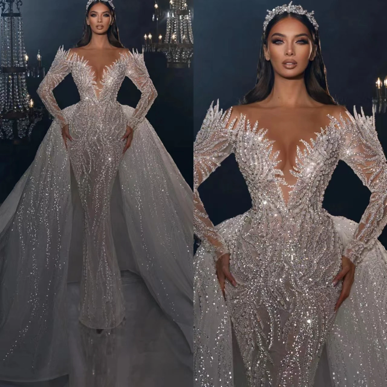 Gorgeous Mermaid Wedding Dresses For Women O-Neck Long Sleeves Bridal Gown Sequins Beads Sweep Train Skirt Custom Made