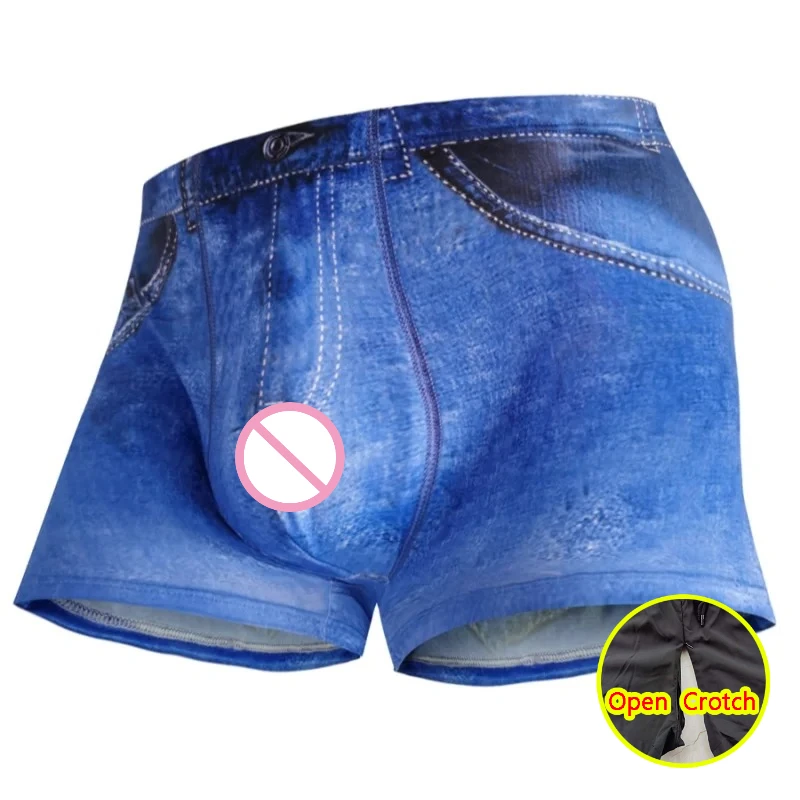 Novelty Men's Fashion Fake Jeans Digital Printed Boxer Shorts Sexy Big Pouch Panties Outdoor Beach Sporty Breathable Underwear