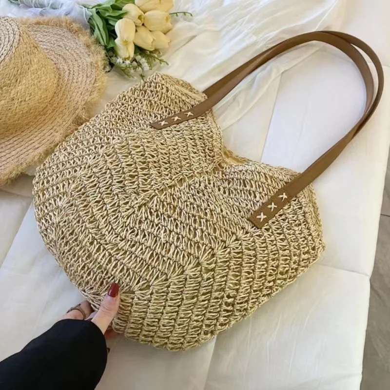 Women's Hit Fashion Beach Travel Straw Knitting Tote Bag Large Capacity New Designer Square Handbag Casual Portable Shoulder Bag