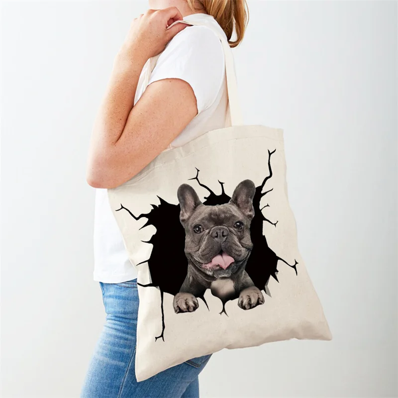 3D Dog Women\'s Shoulder Bag Cartoon Printing Eco Shopping Ladies Canvas Tote Bag Portable Pet Casual Large Capacity Shopping Bag