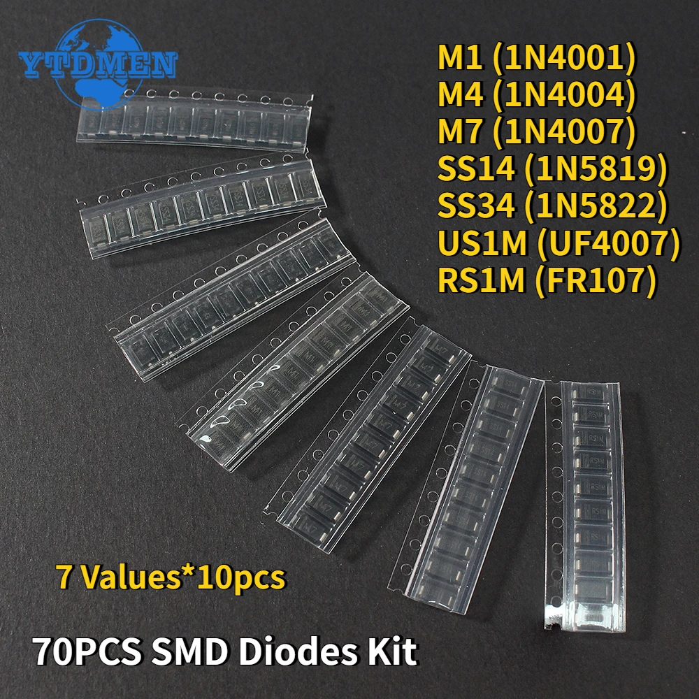 70pcs SMD Diodes 1N4007 M7 1N4001 M1 1N4004 M4 SS14 1N5819 US1M RS1M SS34 7 Values*10pcs Electronics Schottky Diode Set