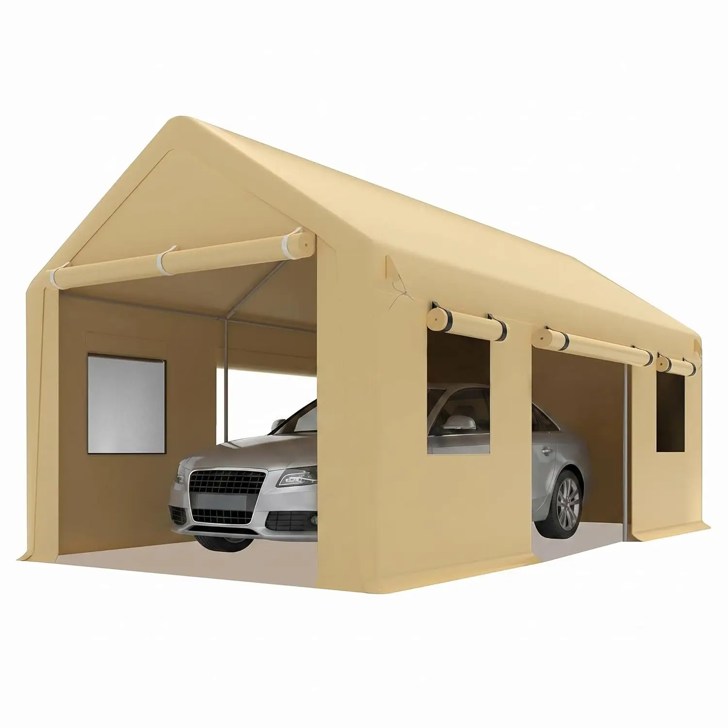Heavy Duty 10x20FT Carport Waterproof PE Canopy Galvanized Steel Frame Portable Garage Roll-Up Doors 4 Mesh Windows, Customized