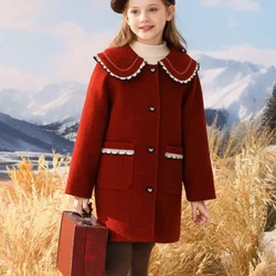 Girls Woolen Coat Jacket Windbreak 2024 Red Wine Warm Thicken Winter Cotton Overcoat Christmas Teenagers Children's Clothing