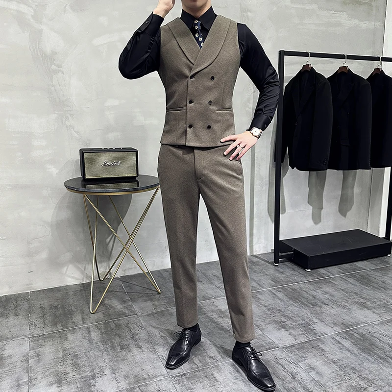 Luxury Double-Breasted Men Suit Vest Elegant Business Formal Slim Fit Male Waistcoat Wedding Groom Gentleman Vests Jacket Man