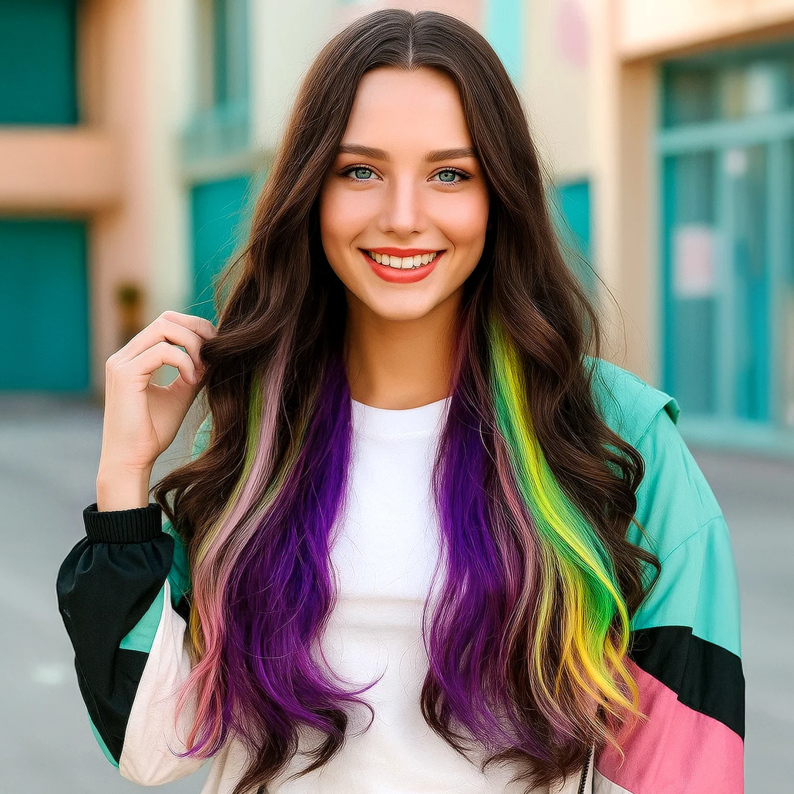 

Lolita Pink Purple Ombre Wavy Synthetic Hair Wig 26inch Heat Resistant With Middle Part Bangs For Cosplay Party YZ2168A