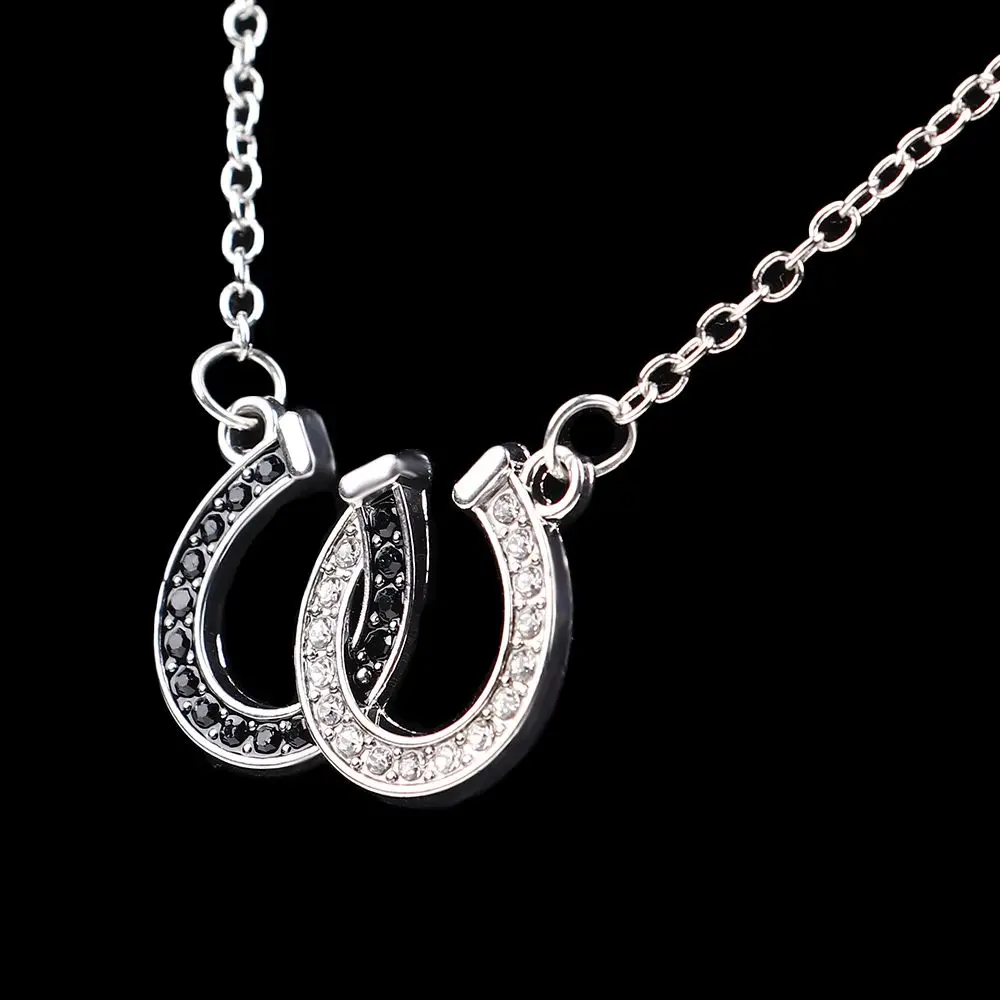 1X Rhinestone Double Horse Hoof Pendant Necklace Jewellery Black White