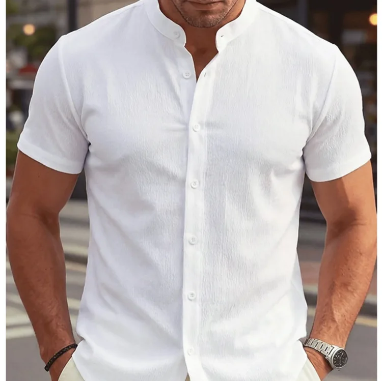 Summer New Men's Stand-up Collar Short-sleeved Shirt Wrinkled And Breathable Thin Casual Versatile White Shirt