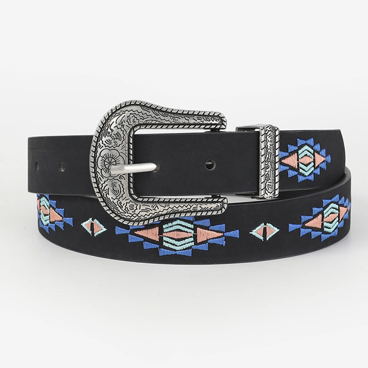 Women’s western buckle embroidered strap jeans belt