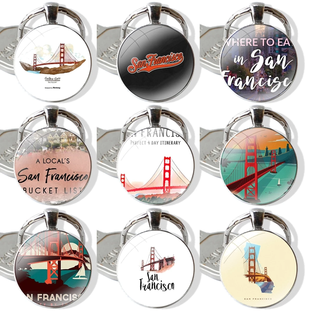 San Francisco Landscape 25mm Glass Cabohcon Keychain Key Rings for Women Men Jewelry Gift