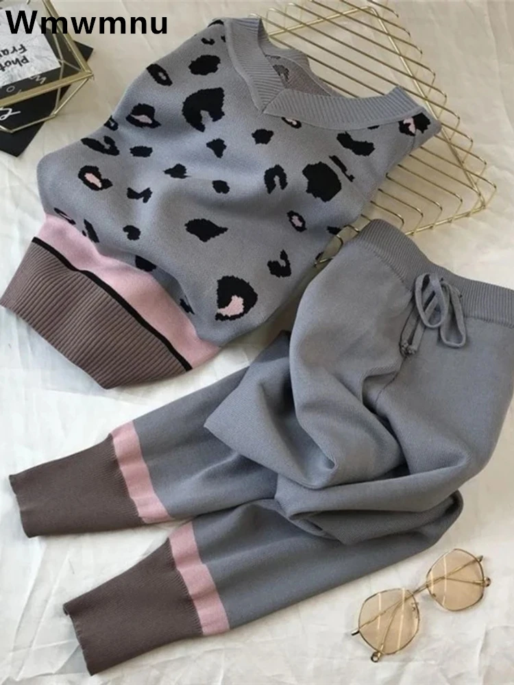 Women Casual Loose V-neck Sweater Pullovers Conjunto Leopard Print Knitted 2 Piece Sets For Contrast Color Harem Pants Outfits