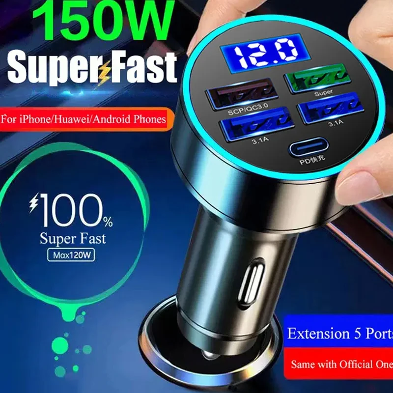 150W LED Car Charger 5 Ports Fast Charge PD+QC3.0 USB C Car Phone Charger Type C Adapter in Car For iphone Samsung Huawei Xiaomi