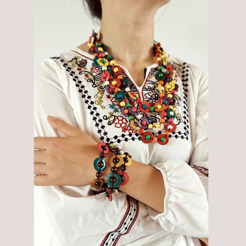 UDDEIN Boho Three layer Colorful Handmade Bib Beads Necklace Bracelet Set Vintage Wood Party Jewelry African Necklace