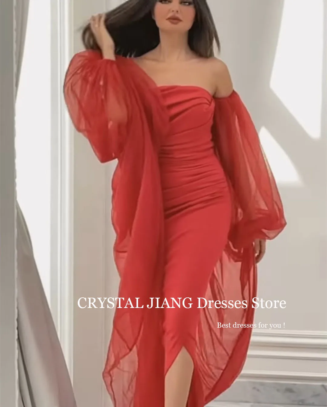 Elegant Red Long Boat Neck Evening Dresses Full Sleeves with Slit فساتين السهرة Sheath Floor Length فساتين للحفلات الراقصة