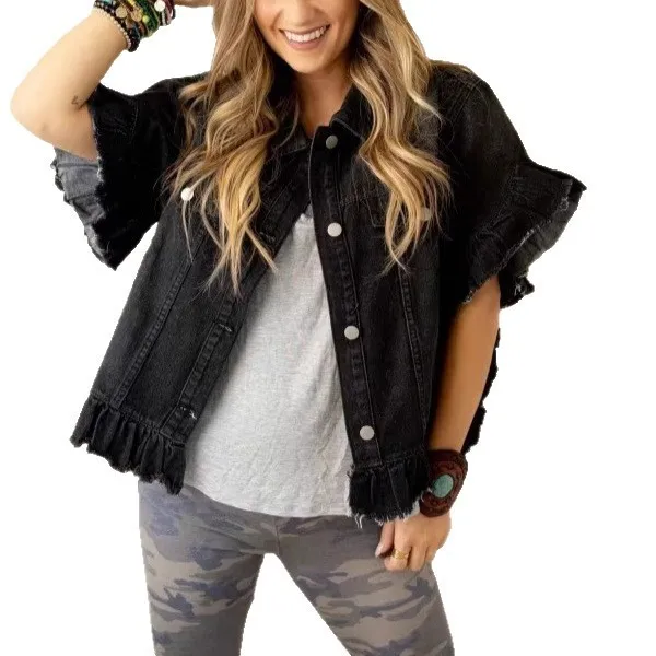Ruffle No Hood Top Loose Fit Streetwear with Three Quarter Sleeve Edgy Street Mid Length Notched Collar Flounce Sleeve for Women
