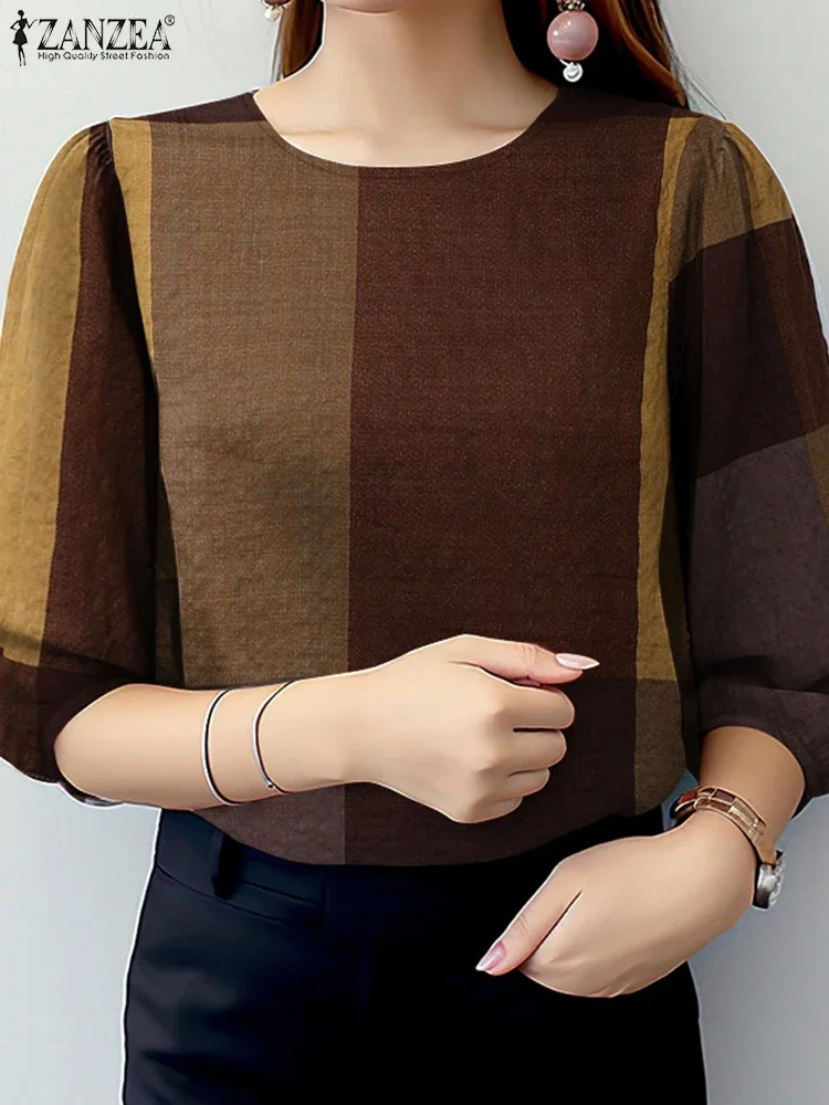 

ZANZEA Woman Vintage Large Checked Blouses Elegant O-Neck 3/4 Puff Sleeve Cotton Blend Blusas Mujer Summer Day Wear Commute Tops