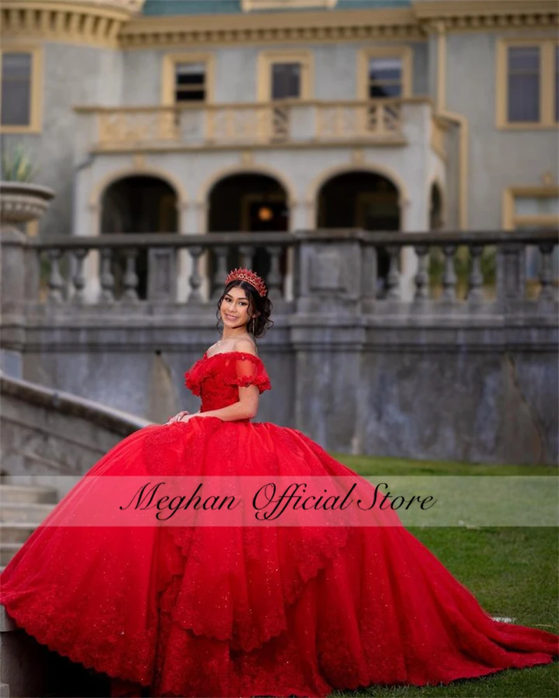 Red Off The Shoulder Quinceanera Dress 2024 Beaded Prom Dress Ball Gown Appliques Puffy Tiered Luxury Sweet 16 15 Customized