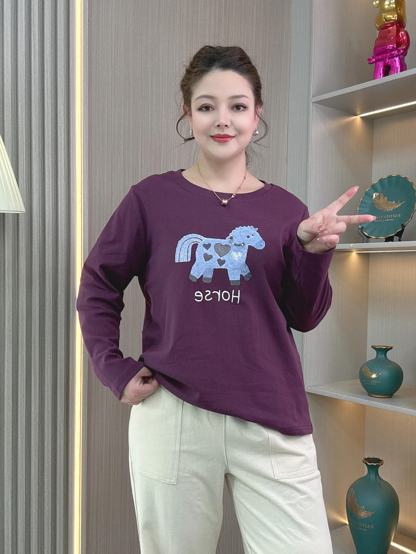 

plus Size Women's Long Sleeve T-Shirt Cartoon Print Loose Fit Belly Covering Base Layer Slimming Top Spring New Arrival