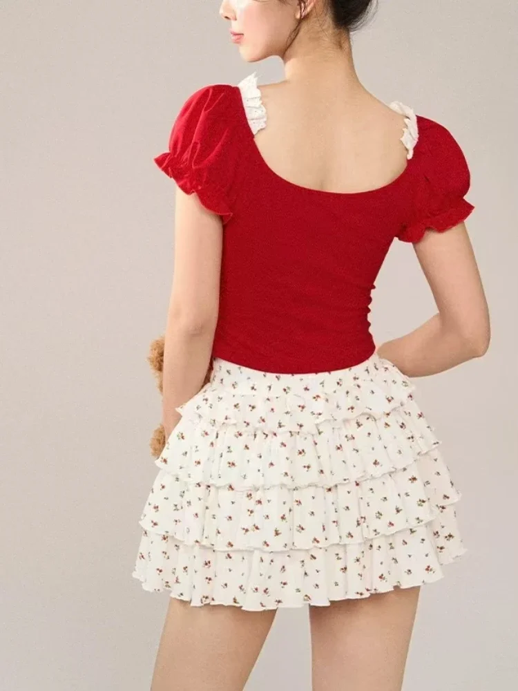 2024 Summer New Japanese Style Sweet 2 Piece Set Women Bow Red Casual Blouse + High Waist Cute Floral Y2k Mini Skirt Design