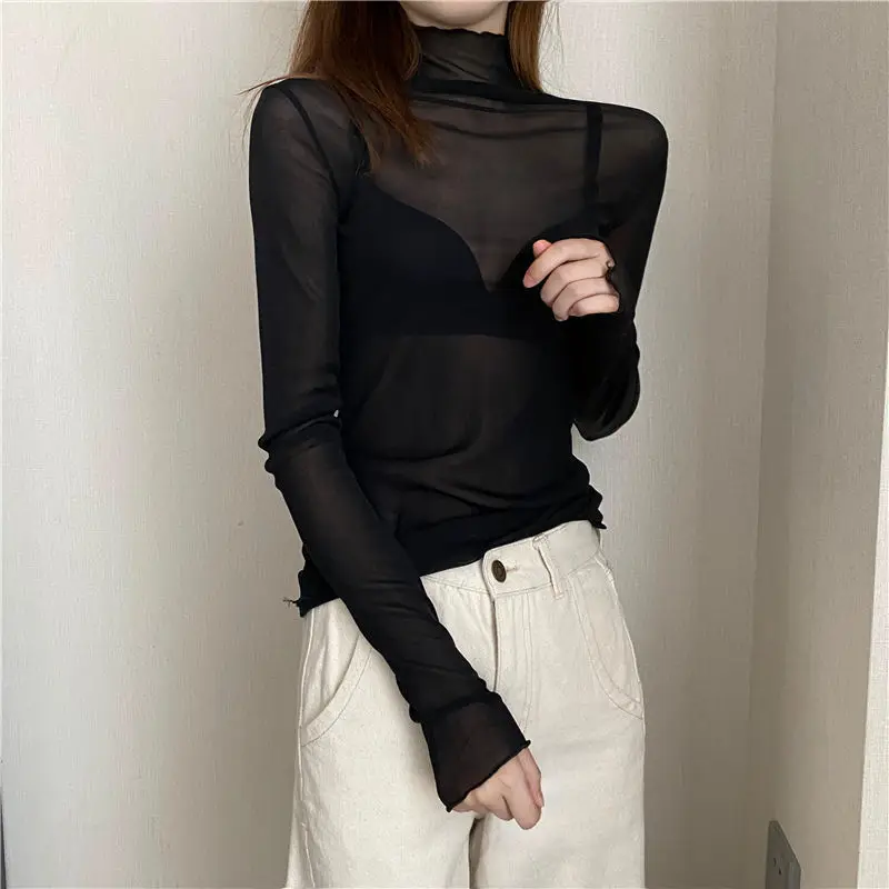 Sexy Women T Shirt See Through Transparent Mesh Tops Long Sleeve
