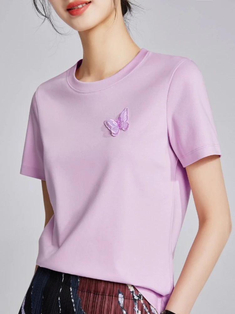 Women's Butterfly Embroidery Liquid Mercerized Cotton T-Shirt Summer 2025 Slim Fit Round Neck Cooling Casual Top Short Sleeve