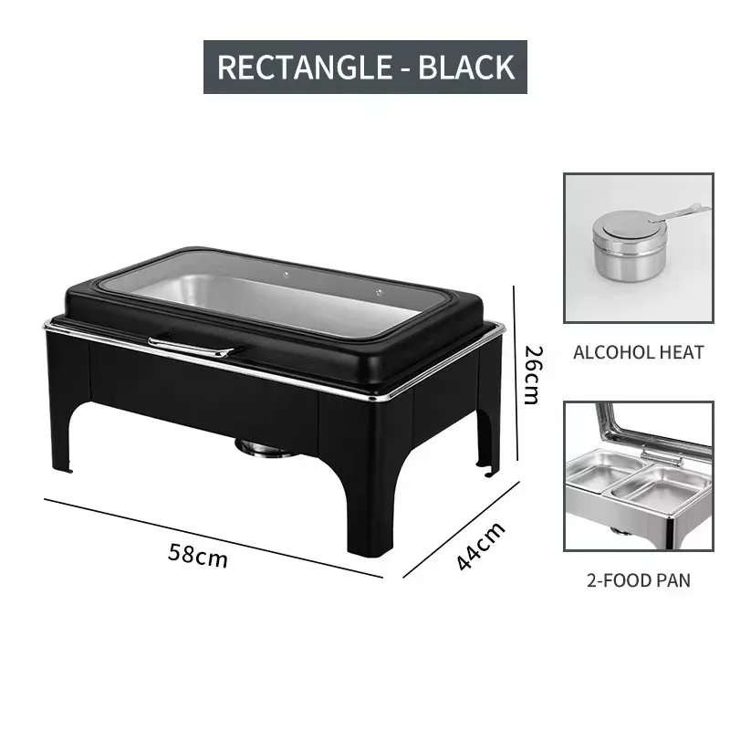 Square Hydraulic‑Lid Chafing Dish Buffet Set Black Stainless Steel 9L Fuel‑Heated Warmer for Restaurant Banquet Cateringt