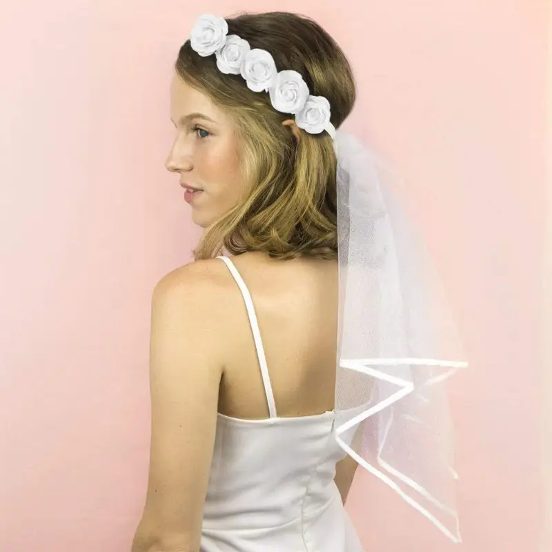 Women Bridal Veil White Flower Hair Wreath Wedding Headband Adjustable Lace Up Ribbon Bachelorette Party Accessory