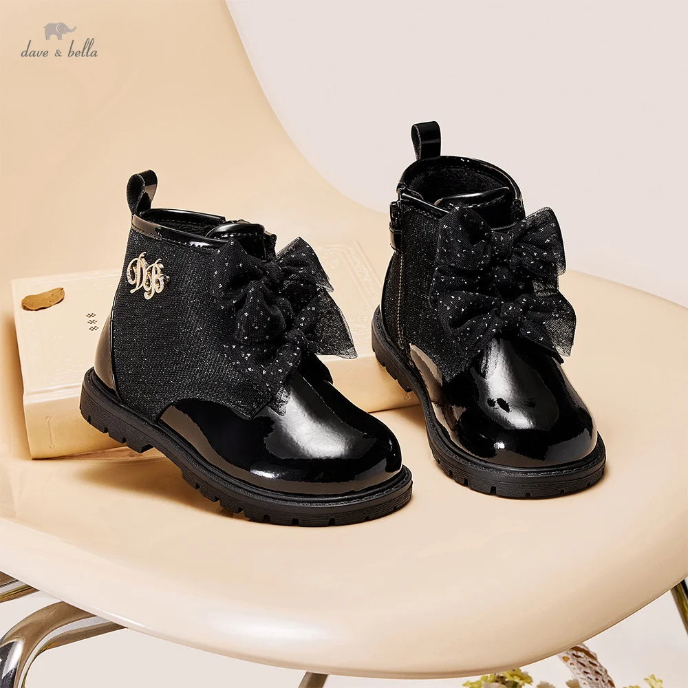 Dave Bella Girls' Leather Shoes Black Winter Children's Princess Shoes Elegant Soft Sole Anti Slip Velvet Warm Boots DB4254362