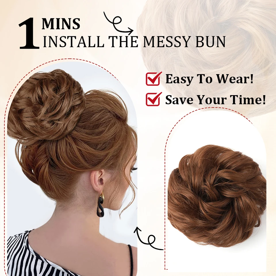 Moño despeinado grande con scrunchie ondulado, postizo sintético, recogido falso para mujer 3