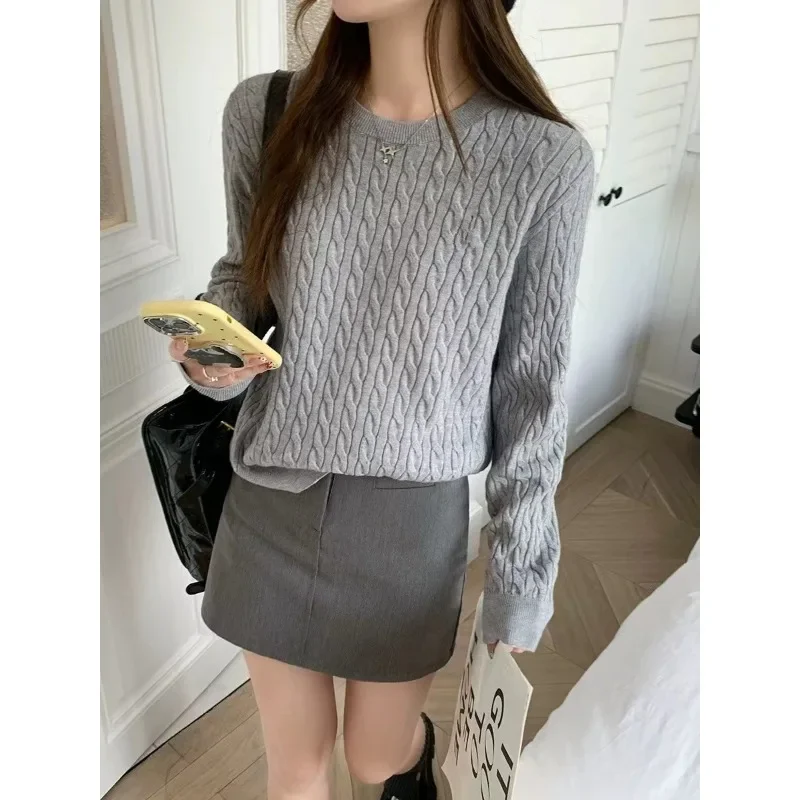 

Loose Simple Pullover Women's Knittied Base Tops Autumn Winter New 2024 Fashion Fried Dough Twists Solid Color Sweater 31208