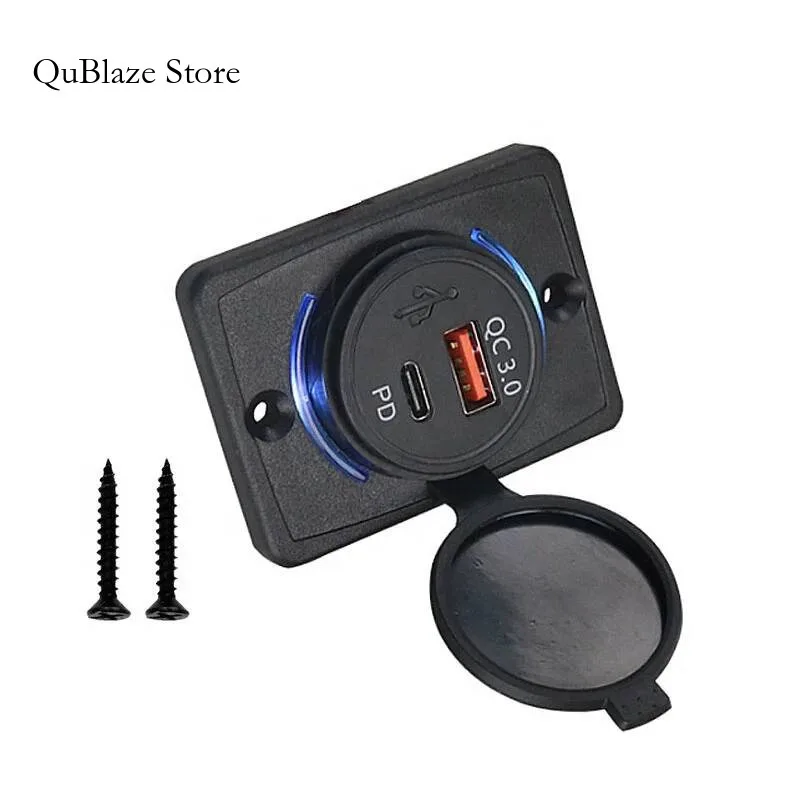 

DC 12V Flat Surface Panel Mount Dual Socket PD QC 3.0 Car Seat USB-C Bus Charger