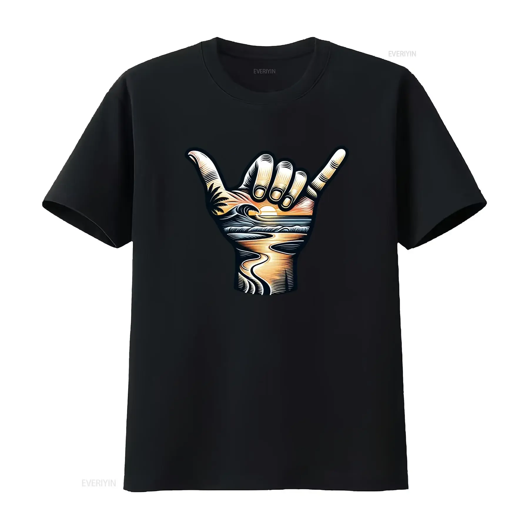 Hang Loose Shaka Sign T Shirt Sunset Beach Ocean Wave Pattern Casual Top Eco Friendly Fashion Summer Surf Idea vintage Washed