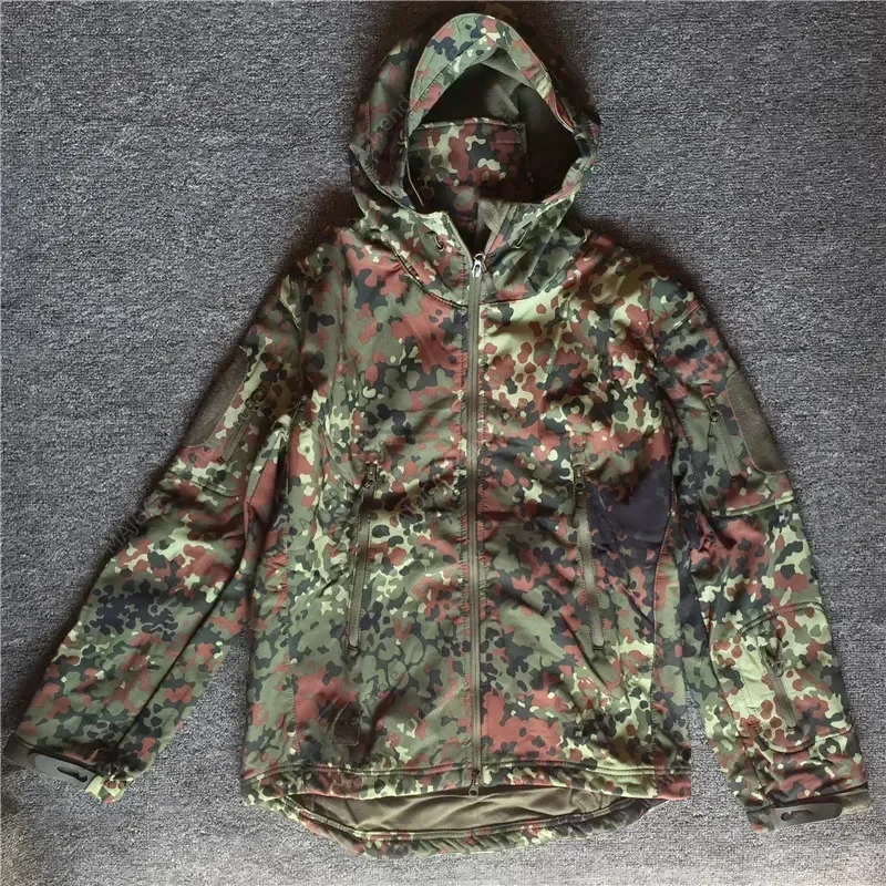 German Flecktarn Camo Uniform Jungle Softshell Jacket TAD-fit Fleece Hooded Trench Coat