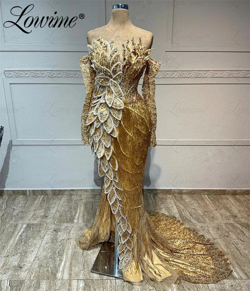 Gold Luxury Glitter Arabic Dubai Evening Dresses Off Shoulder Mermaid Prom Dress Split Side Crystals Tassel 3D Leaf Party Gowns