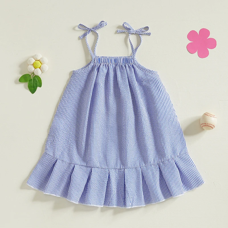 Adorable Toddler Girls Sleeveless Dress with Fun Striped Print and Baseball Embroidery featuring Tie-up Straps and A-Line