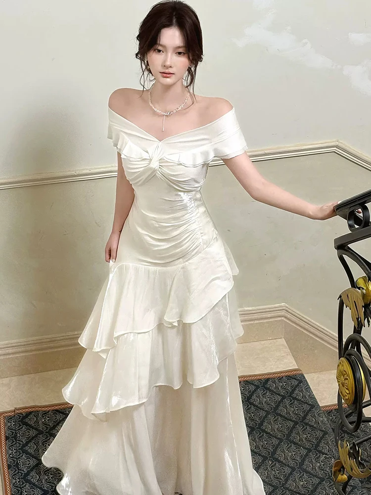 

Female Aesthetic Sleeveless Trumpet Vestidos New French Elegant Long Dress Women Fashion Ruffles Slash Neck Slim Mermaid Dresses