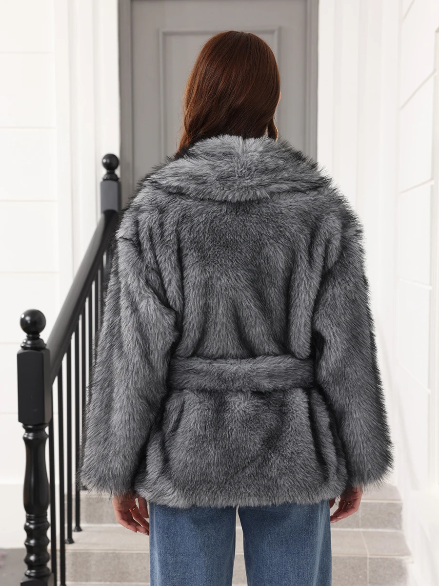 Cappotto invernale in pelliccia sintetica da donna Spessore caldo con lacci Giacca in pelliccia soffice Top Giacca casual in pelliccia di volpe artificiale Turn Down Lady Capispalla