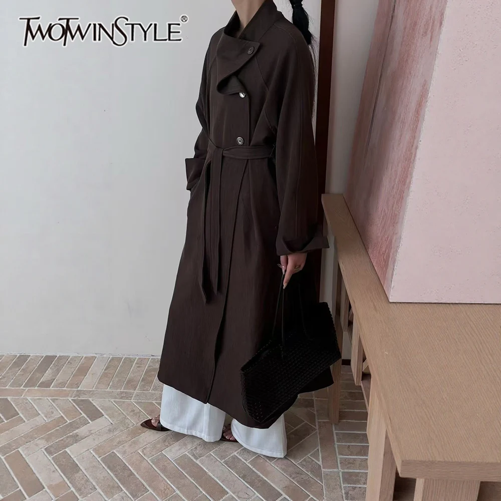 

TWOTWINSTYLE однотонный шикарный плащ на шнуровке женский свободный уличный плащ с воротником-стойкой и длинными рукавами, женские плащи, осенняя мода, новинка