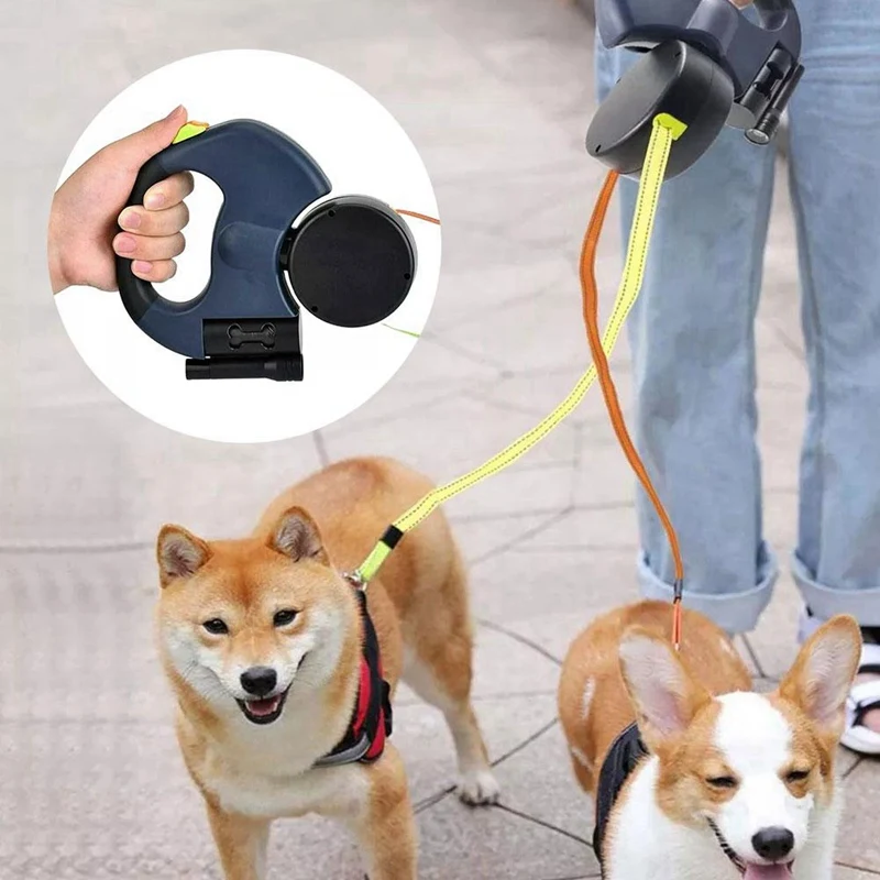 Auto Retractable Dual Dog Leash With Flashlight Waste Bag Box Roulette Double-Ended Traction Rope Pet Dog Supplies