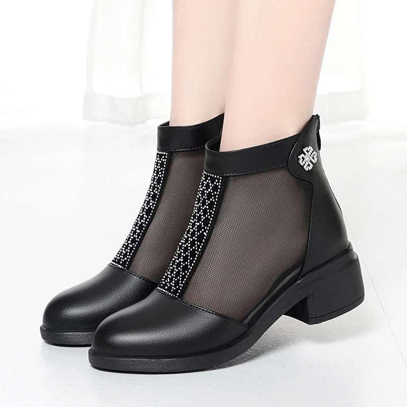 High Quality 35-43 Genuine Leather Roman Organza Ankle Boots for Women Mesh Breathable Sandals Shoes Summer New Cool Boots 2024